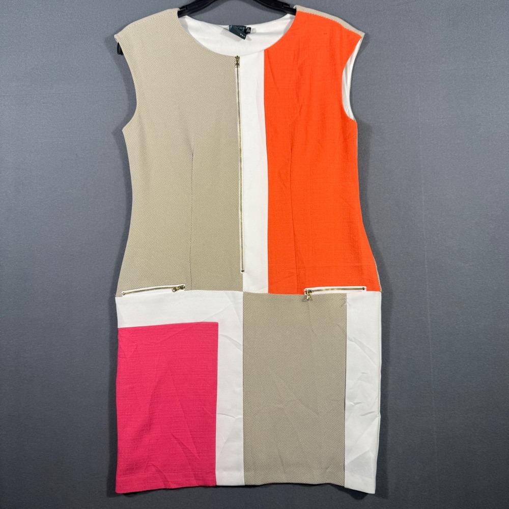 Gabby Skye Dress Women 10 Multi Colorblock Sheath Zip Front Textured Mod Shift
